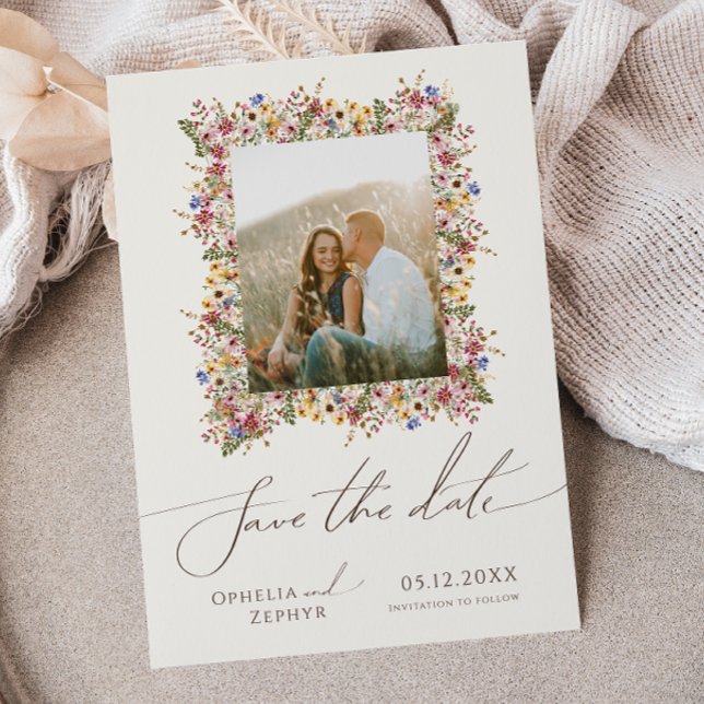 Colorful Wildflower | Beige Meadow Photo Frame Save The Date (Creator Uploaded)