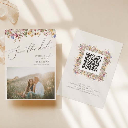 Colorful Wildflower  Beige Meadow Photo QR Code Save The Date
