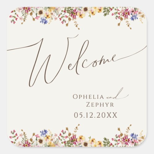 Colorful Wildflower  Beige Meadow Wedding Welcome Square Sticker