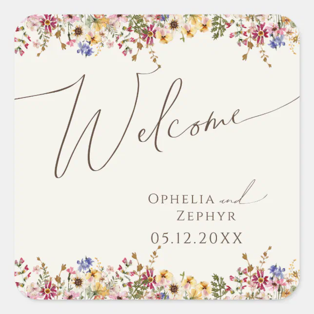 Colorful Wildflower | Beige Meadow Wedding Welcome Square Sticker | Zazzle