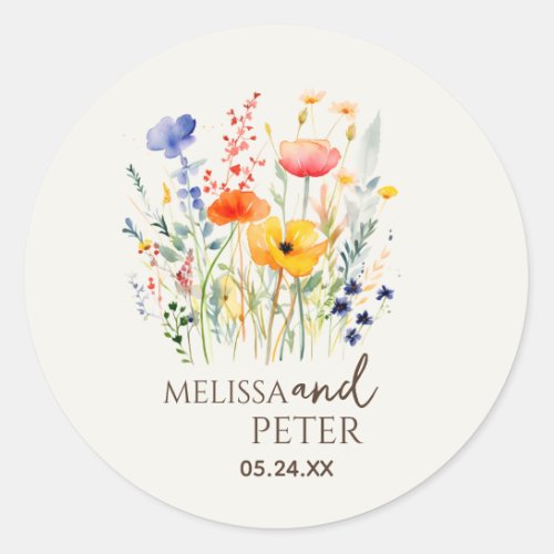 Colorful Wildflower Beige Monogram Photo Wedding  Classic Round Sticker