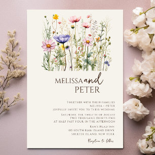 Colorful Wildflower Beige Monogram Photo Wedding Invitation