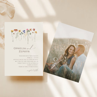 Colorful Wildflower Beige Monogram Photo Wedding   Invitation