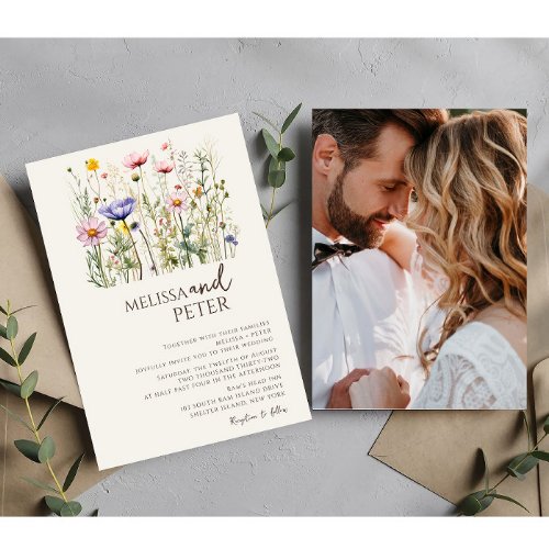 Colorful Wildflower Beige Monogram Photo Wedding  Invitation