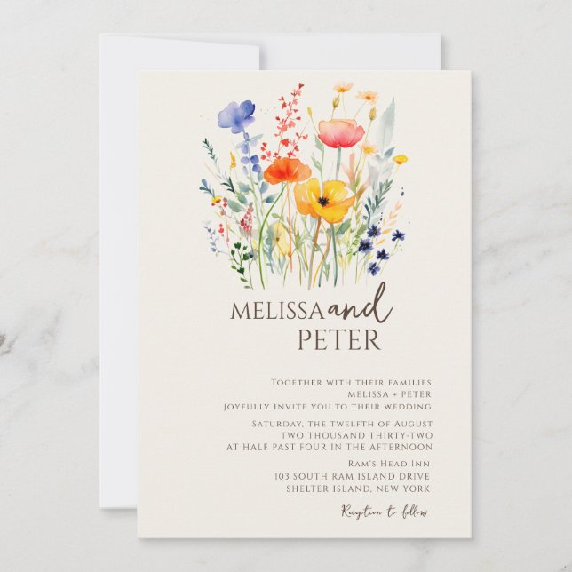Colorful Wildflower Beige Monogram Photo Wedding  Invitation (Front)