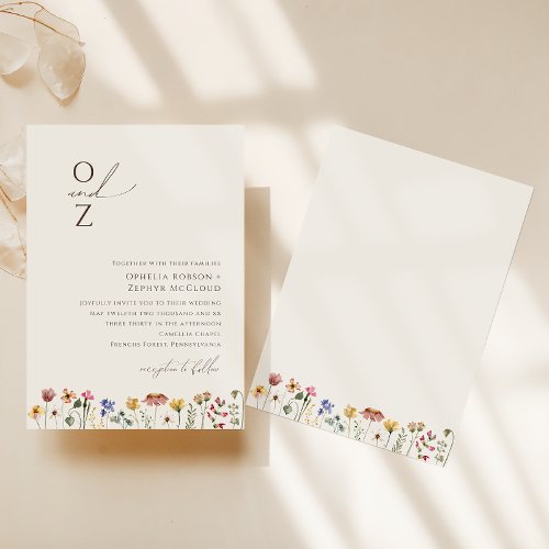 Colorful Wildflower  Beige Monogram Wedding Invitation