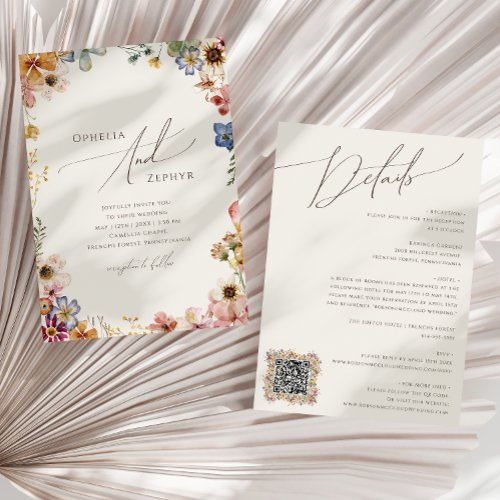 Colorful Wildflower Beige QR Code All In One Invitation