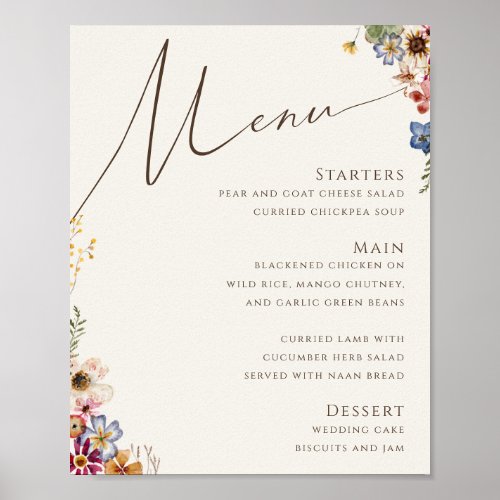 Colorful Wildflower  Beige Wedding Menu Sign