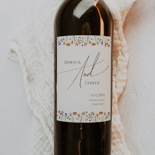 Colorful Wildflower   Beige Wedding Wine Label