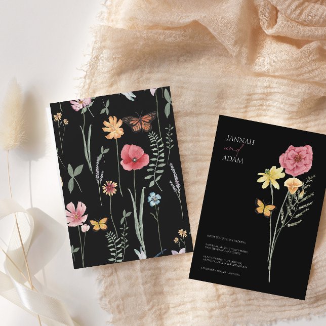 Colorful Wildflower Black Botanical Wedding Invitation (Creator Uploaded)
