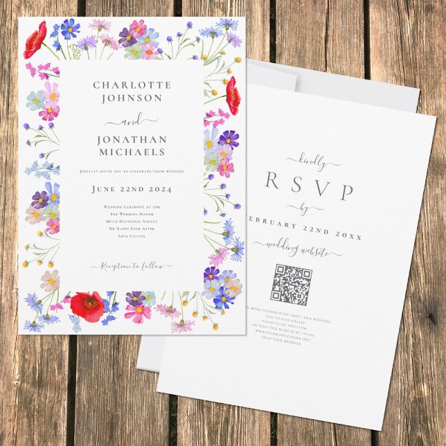 Colorful Wildflower Boho Chic QR Code Wedding Invitation (Boho colorful watercolor wildflower elegant wedding invitation with rsvp qr code)