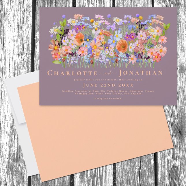 Colorful Wildflower Boho Chic Wedding Invitation (Colorful Wildflower Boho Chic peach Wedding invitation with elegant typography script)