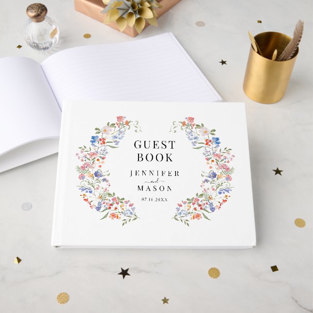 Colorful Wildflower Boho Floral Wedding Guest Book (Front Open)
