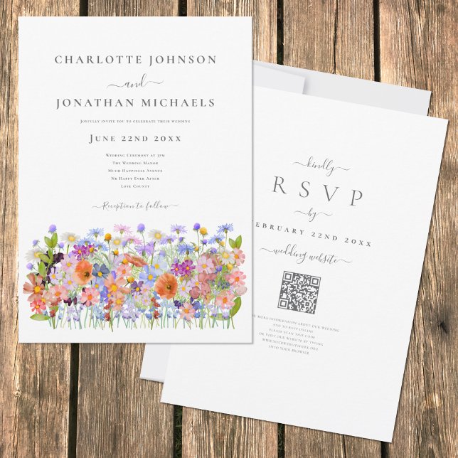 Colorful Wildflower Boho QR Code Wedding Invitation (Boho wildflower meadow colorful watercolor wedding invitation with elegant typography script )