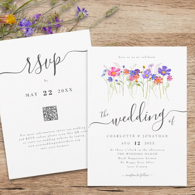 Colorful Wildflower Boho Wedding QR code Invitation (Colorful vibrant wildflower boho wedding qr code invitation Elegant whimsical script meadow flowers)