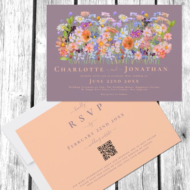 Colorful Wildflower Boho Wedding QR Code Invitation (Colorful Wildflower meadow boho peach fuzz wedding invitation with QR Code online RSVP)