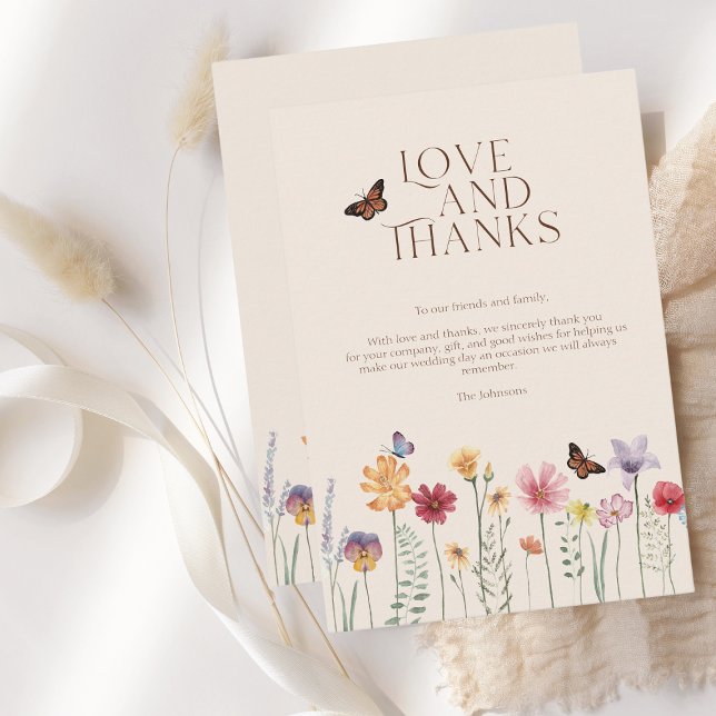 Colorful Wildflower Botanical Love Thanks Wedding Thank You Card (Simple Colorful Wildflower Floral Wedding Love and Thanks Card)