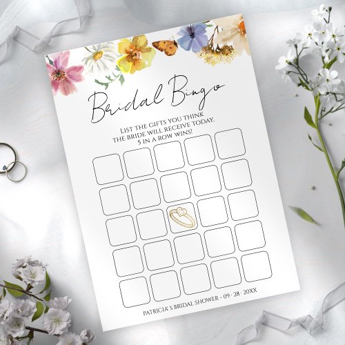 Colorful Wildflower bridal shower bingo game card