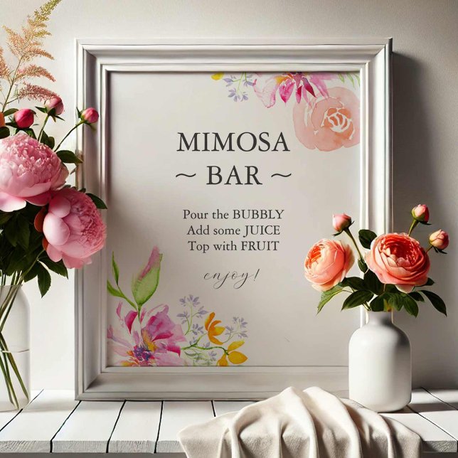 Colorful Wildflower Bridal Shower Mimosa Bar Sign (mimosa bar sign bridal shower ideas watercolor pink floral art Victoria Grigaliunas Do Tell A Belle)