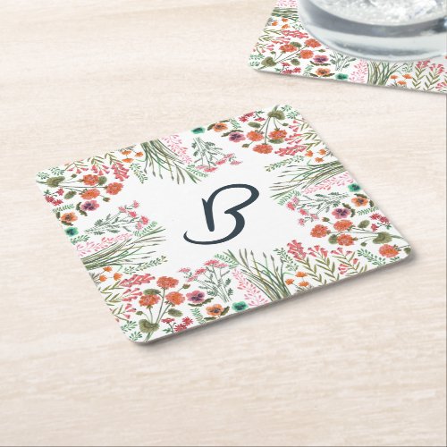 Colorful Wildflower Bridal Shower Monogram Square Paper Coaster