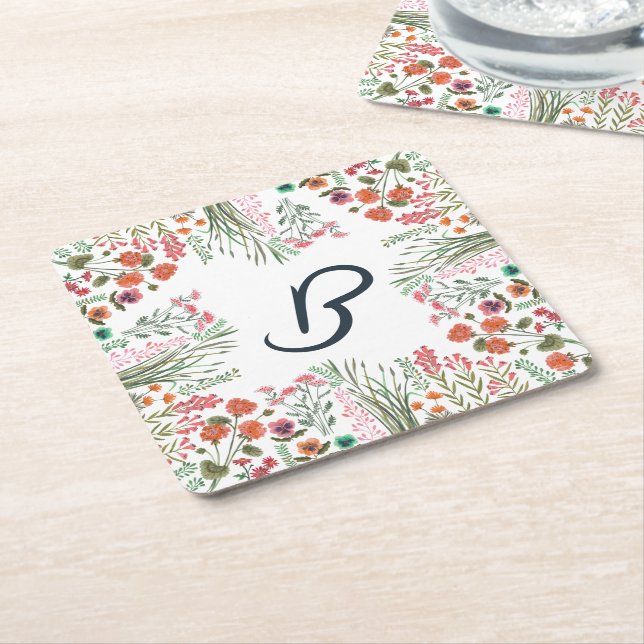 Colorful Wildflower Bridal Shower Monogram Square Paper Coaster (Angled)