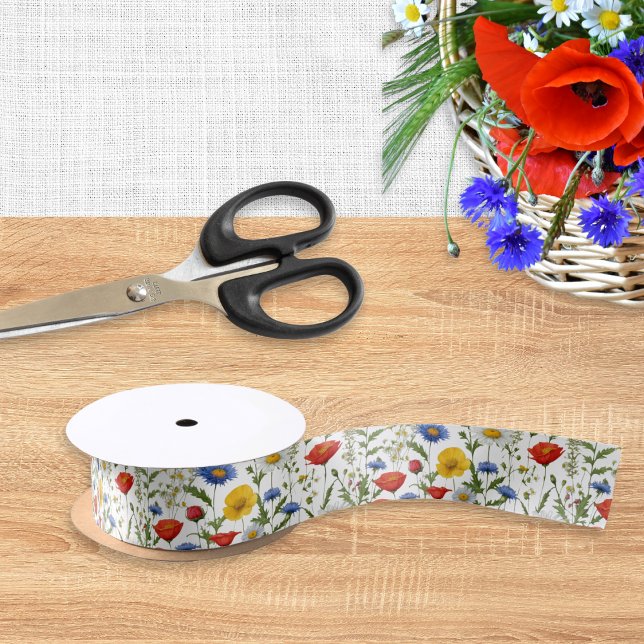 Colorful Wildflower Bright Pretty Floral Patterned Satin Ribbon (Create a floral flourish with this elegant ribbon, which features a colorful pattern of wildflowers)