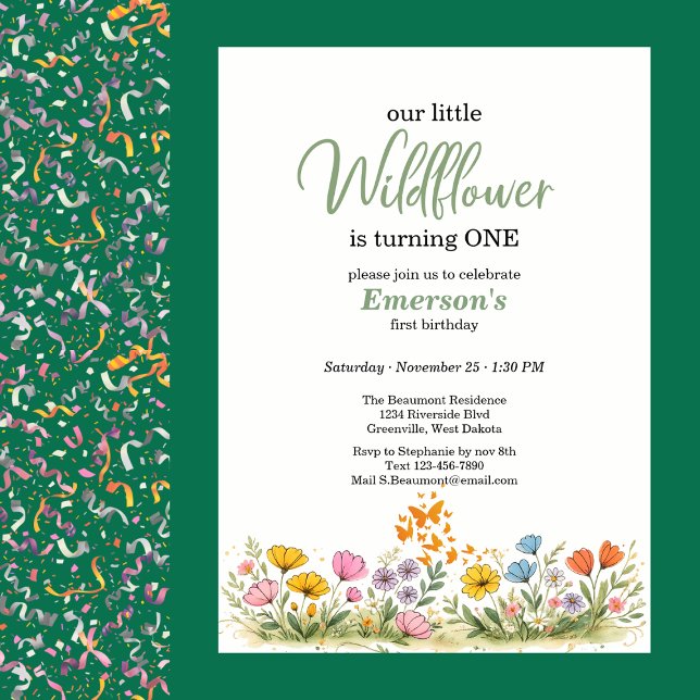 Colorful Wildflower Butterfly 1st Birthday Invitation (Creator Uploaded)