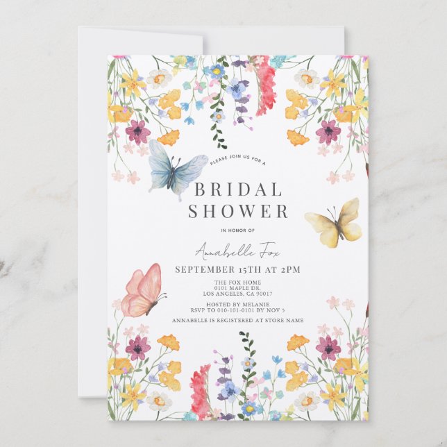 Colorful Wildflower & Butterfly Bridal Shower Invitation (Front)