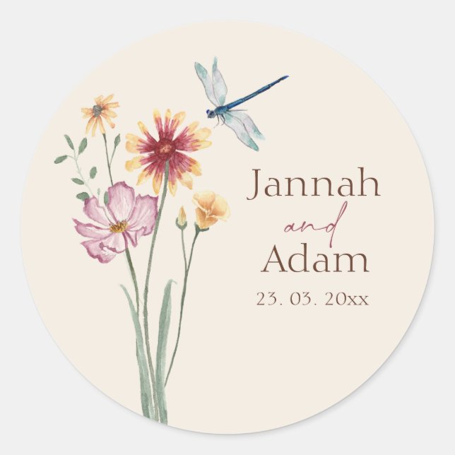 Colorful Wildflower Cream Round Wedding Classic Round Sticker (Front)