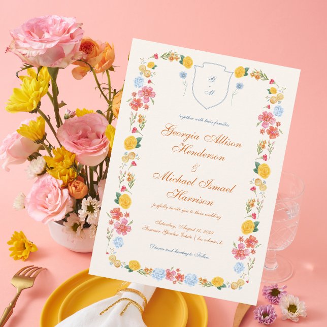 Colorful Wildflower Crest Monogram Wedding Design Invitation (Creator Uploaded)
