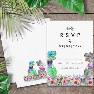 Colorful Wildflower Dinosaur Wedding RSVP Card