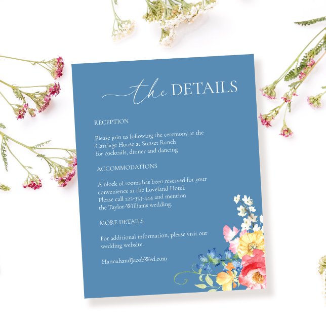 Colorful Wildflower Dusty Blue Wedding Details Enclosure Card (Creator Uploaded)