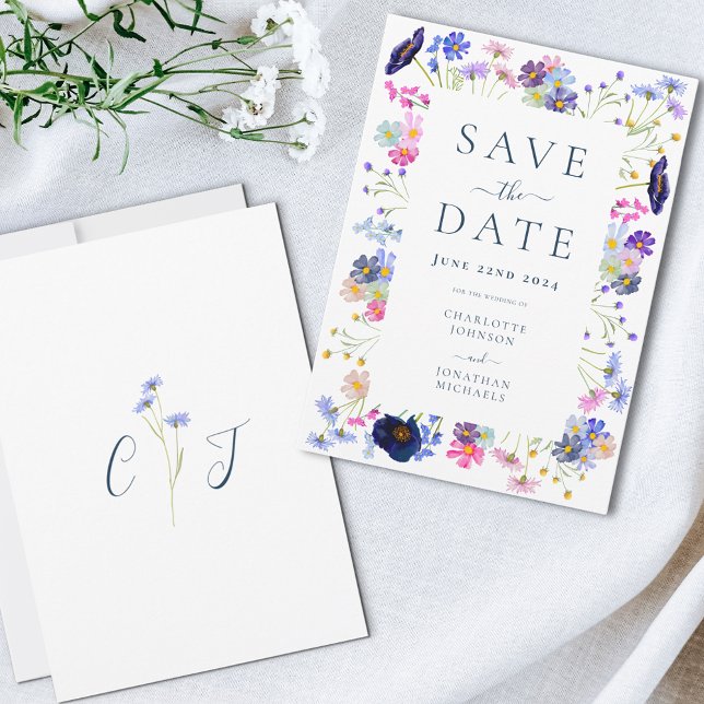 Colorful Wildflower Elegant Wedding Save The Date (Colorful wildflower watercolor wedding save the date with elegant monogram initial)