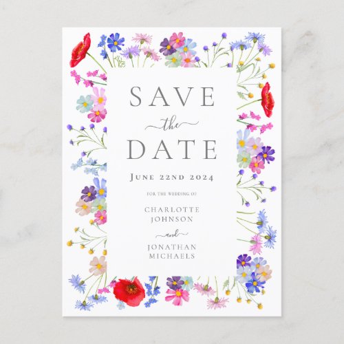 Colorful Wildflower Elegant Wedding Save the Date Invitation Postcard