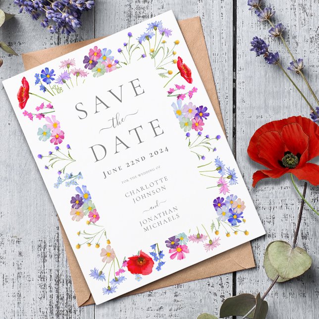Colorful Wildflower Elegant Wedding Save the Date Invitation Postcard (Colorful wildflower boho chic wedding save the date budget postcard invitation elegant thrift)