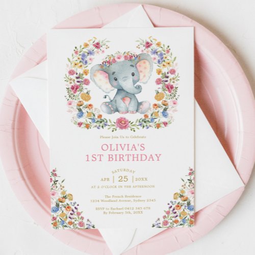 Colorful Wildflower Elephant Girl Birthday Party Invitation