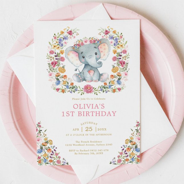 Colorful Wildflower Elephant Girl Birthday Party Invitation (Creator Uploaded)