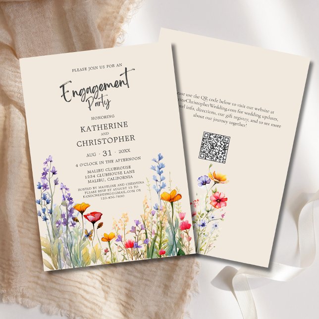 Colorful Wildflower Engagement Party Elegant Beige Invitation (Wedding Engagement Party Invitation with colorful jewel tone wildflowers in purple, red, orange.)