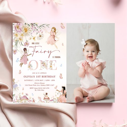 Colorful Wildflower Fairy 1st Birthday Photo Invitation