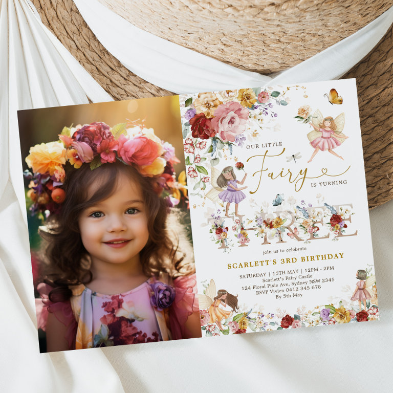 Colorful Wildflower Fairy 3rd Birthday Photo Invitation