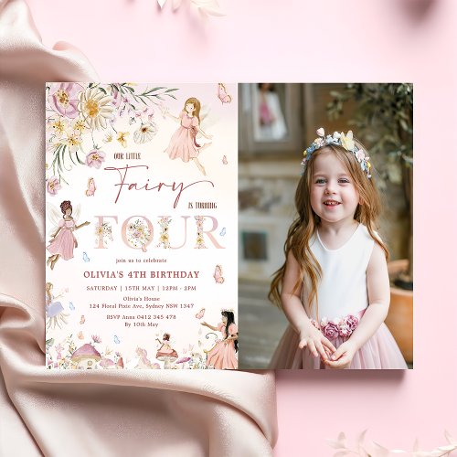 Colorful Wildflower Fairy 4th Birthday Photo Invitation