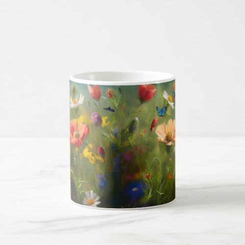 Colorful Wildflower Field with Vibrant Butterflies Coffee Mug