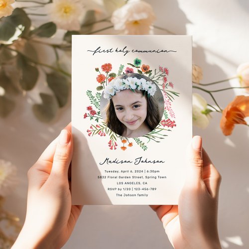 Colorful Wildflower First Holy Communion Photo Invitation