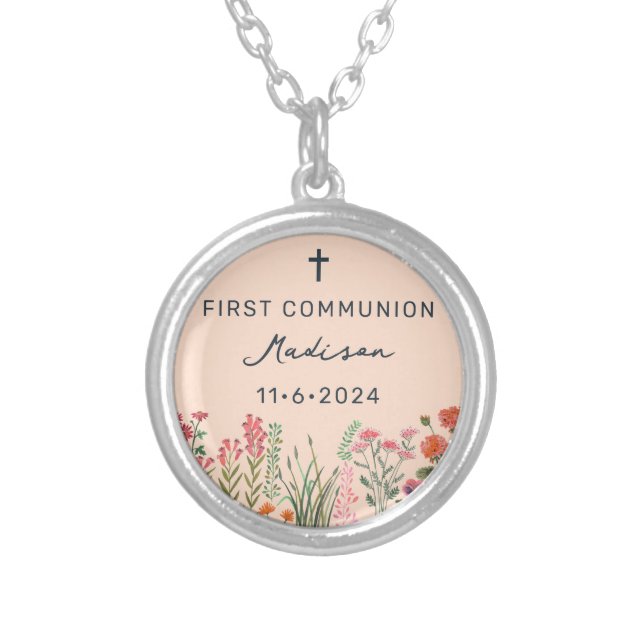 Colorful Wildflower First Holy Communion Silver Plated Necklace (Front)