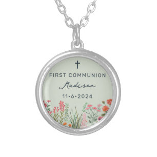 Colorful Wildflower First Holy Communion Silver Plated Necklace