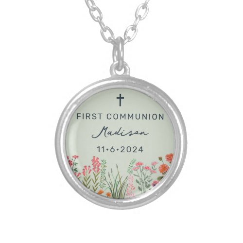 Colorful Wildflower First Holy Communion Silver Plated Necklace