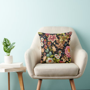 Colorful Wildflower Floral Art Black Throw Pillow