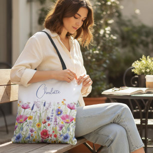 Colorful Wildflower Floral Personalized Name Tote Bag