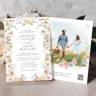 Colorful Wildflower Floral Photo QR Code Wedding Invitation