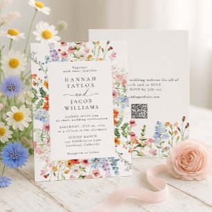 Colorful Wildflower Floral QR Code RSVP Wedding Invitation